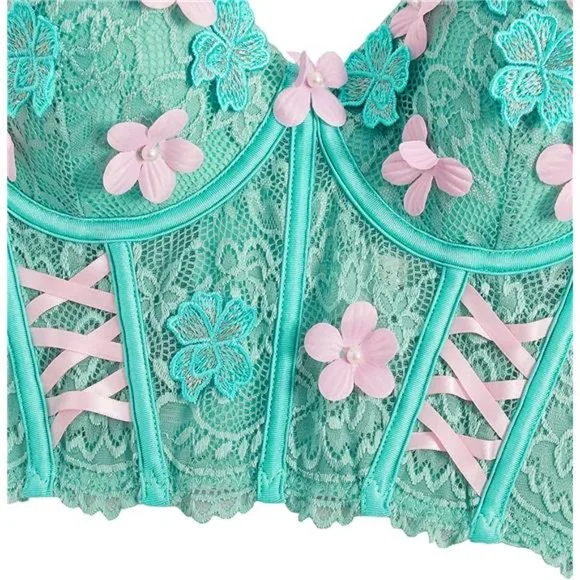 WDIRARA Women's Floral Lace Embroidered Push Up Garter Lingerie Set